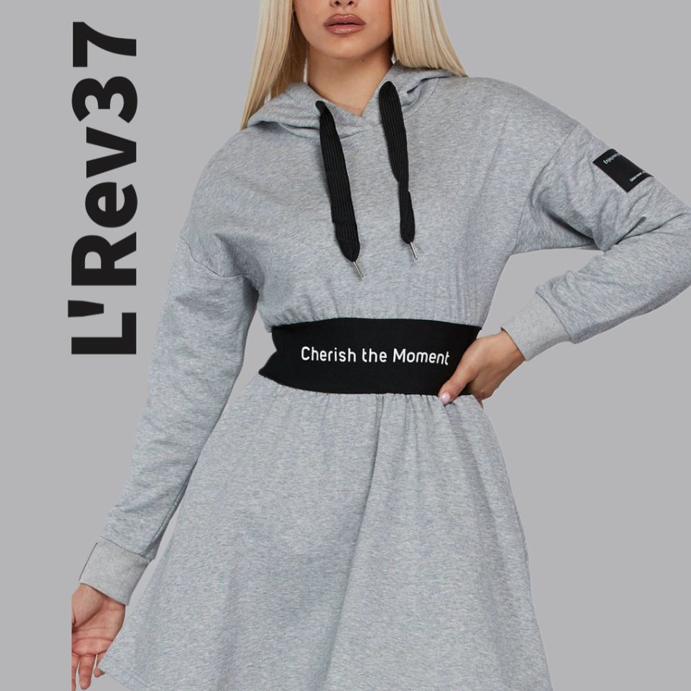 NWT L'Rev37 Long Sleeve Hoodie Graphic Flare Mini Dress Gray & Black